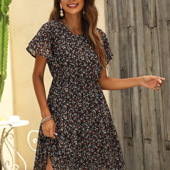 Women's Chiffon Floral Dresses Casual Summer Boho Flutter Sleeve Flowy Skater We - Picture 4 of 7
